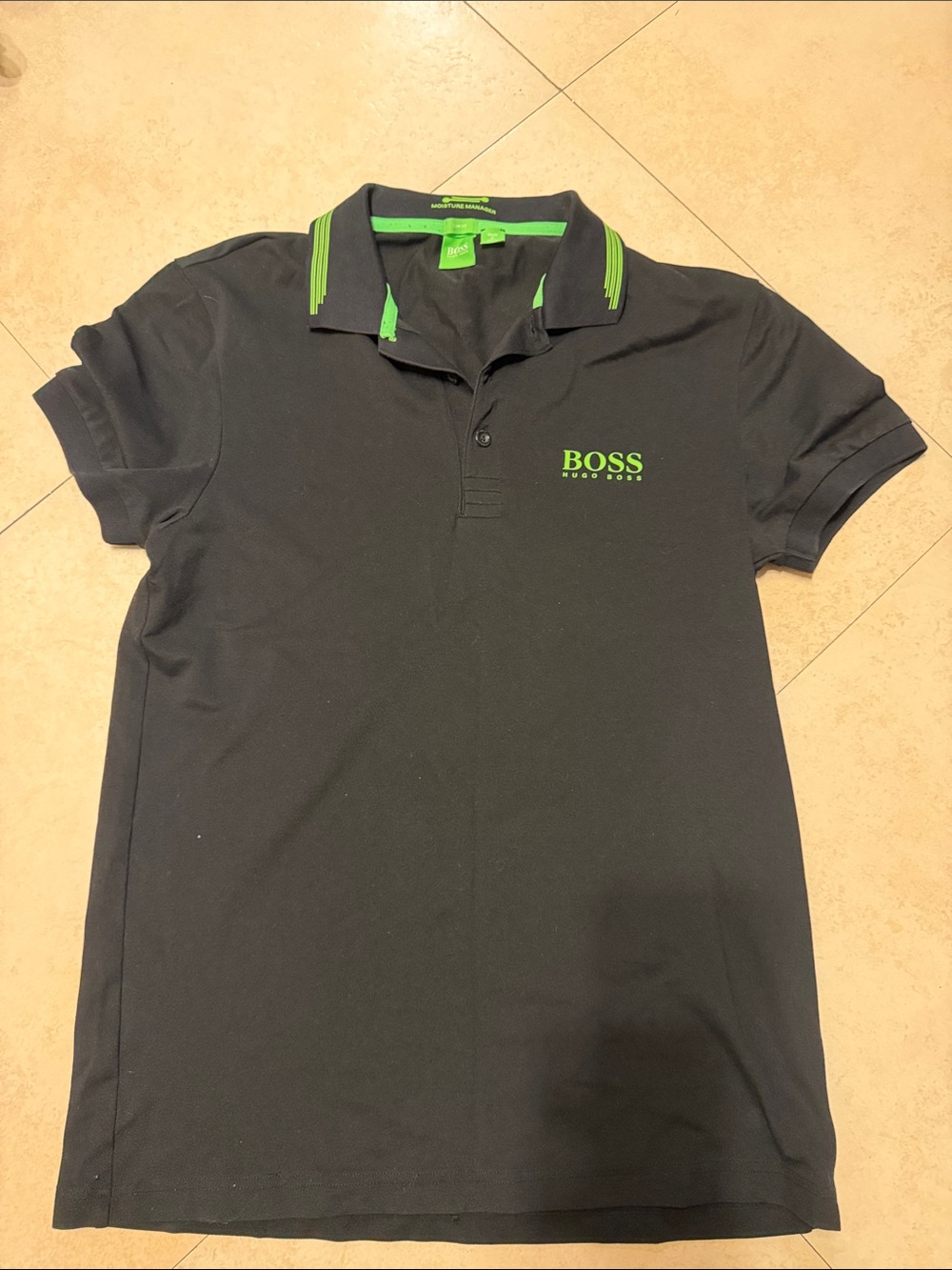 Hugo Boss Black Polo with Neon Green Logo and Collar Trim $30